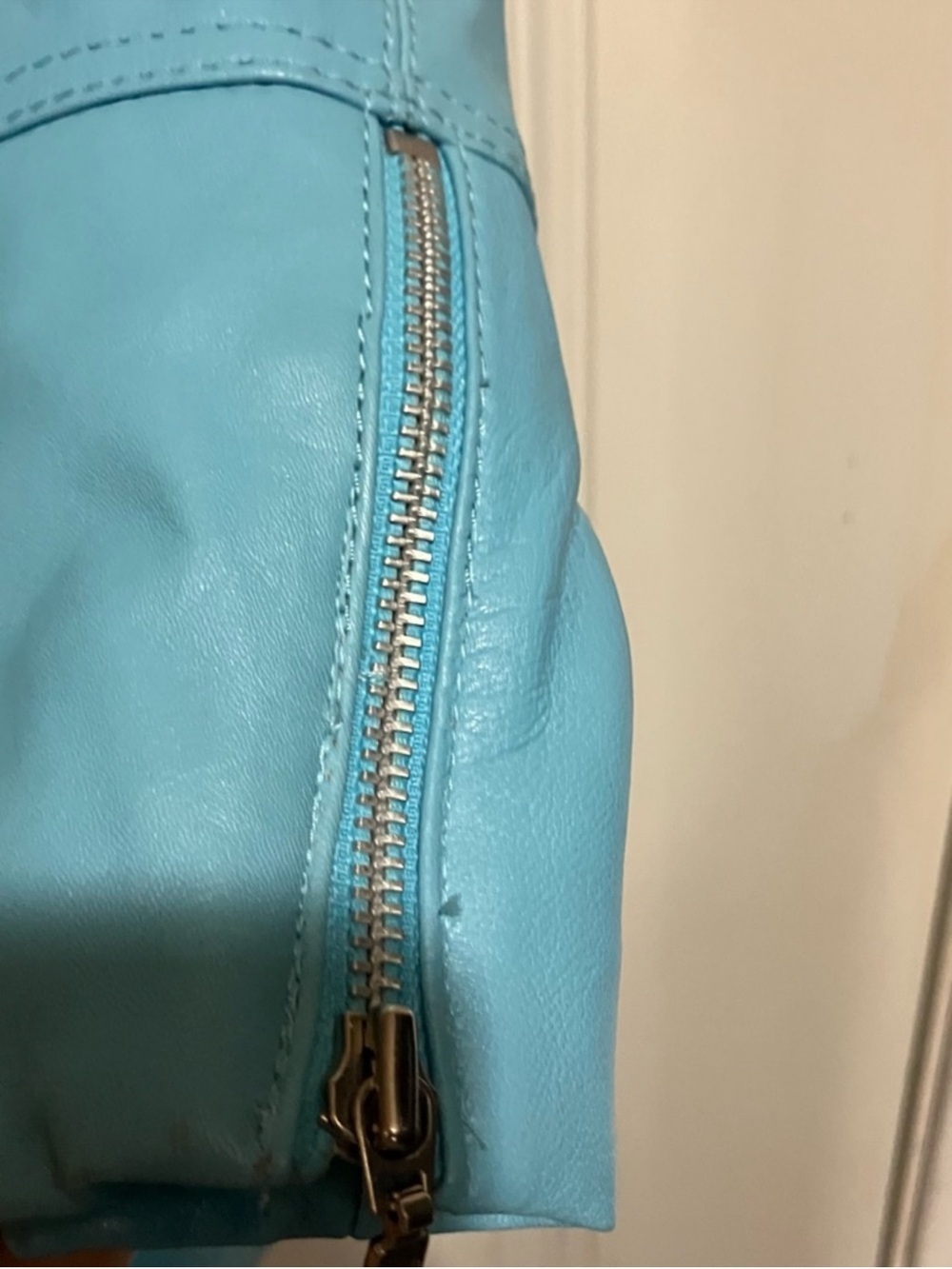 Y2K Cache Turquoise Leather Moto Jacket & Mini Skirt Set | Genuine Leather | - Picture 4 of 12